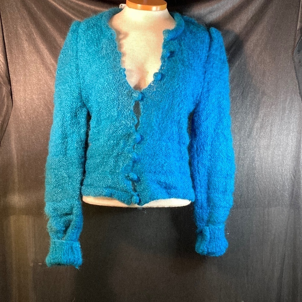 Vintage 80’s teal cardigan sweater Box C Hand knitted. Has not been laundered.